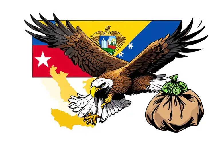 Create a tattoo of a majestic Venezuelan eagle clutching a bag of money in its talons, set against a backdrop of the country's flag and iconic landmarks tattoo design idea