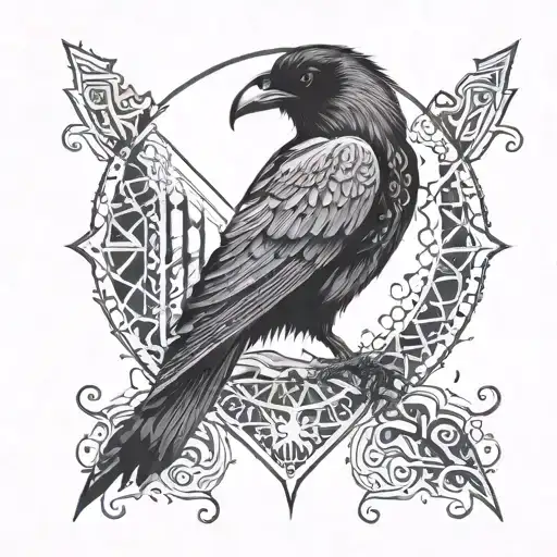 A tattoo featuring a raven and a cat surrounded by abstract art-inspired patterns tattoo design idea