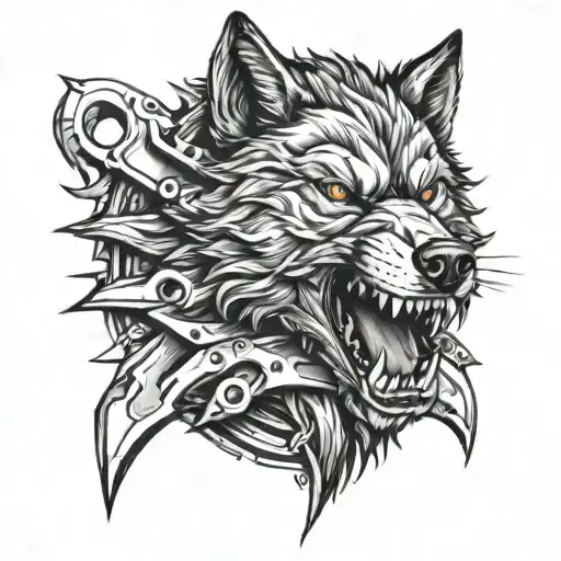 A fierce wolf head with a wrench clenched in its teeth tattoo design idea