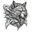 A fierce wolf head with a wrench clenched in its teeth tattoo design idea