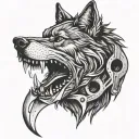 A fierce wolf head with a wrench clenched in its teeth tattoo design idea