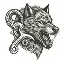 A fierce wolf head with a wrench clenched in its teeth tattoo design idea