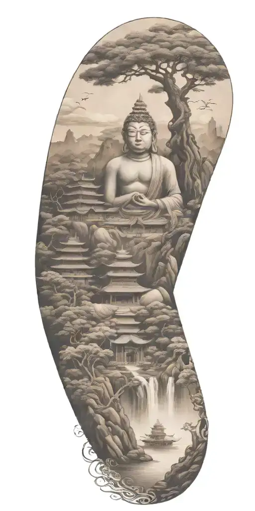 spiritual buddhist tattoo featuring a traditional scenary and nature including spiritual elements tattoo design idea
