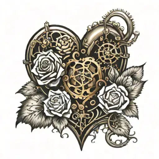 realistic steampunk heart with roses growing tattoo design idea