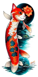 koi and planet and maneki-neko tattoo design idea