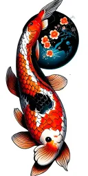 koi and planet and maneki-neko tattoo design idea