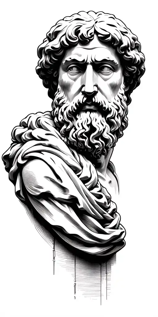 Upper Arm (Shoulder to Bicep):A Greek philosopher bust (e.g., Socrates, Plato) with deep facial expression.Surrounded  tattoo design idea