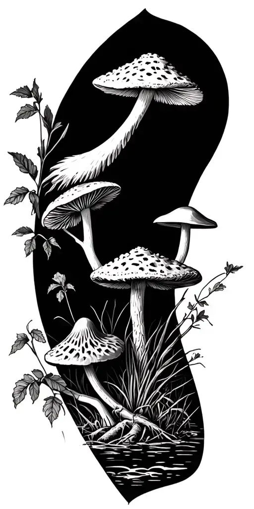 nature scene, stream, morel mushrooms, ginseng plant, Bob white quail tattoo design idea