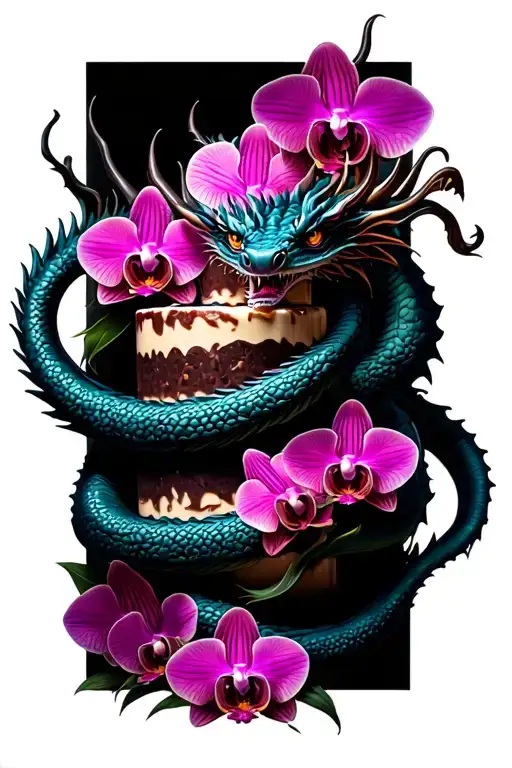 dragon wrapped around a tall cake with orchids intertwined tattoo design idea