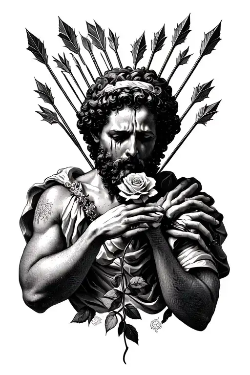 San Sebastiano, pierced by multiple arrows, with the hands linked by two separent, with a rose in the mouth while crying tattoo design idea