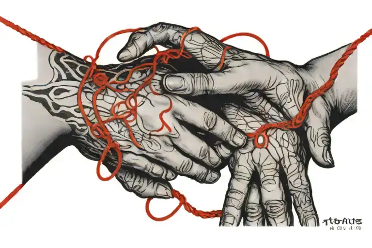 to hands reaching out to each other but not touching with a red string symbolising a blood vein about to burst tattoo design idea