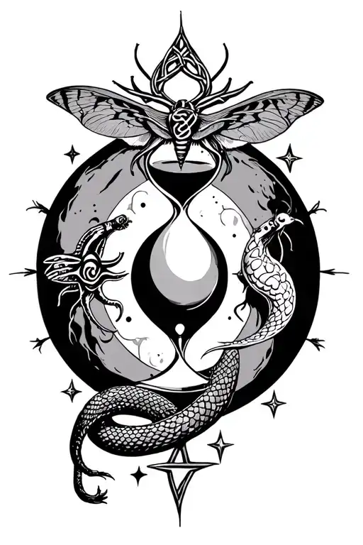 hour glass moon sun stars inside snake around top and bottom and a Celtic knot and moth near it tattoo design idea