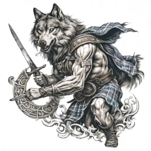 scottish warrior fighting wolf to the death tattoo design idea