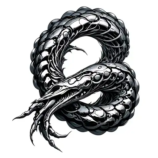 Surreal biomechanical chrome ouroboros, metallic, bicep design tattoo design idea tattoo design idea