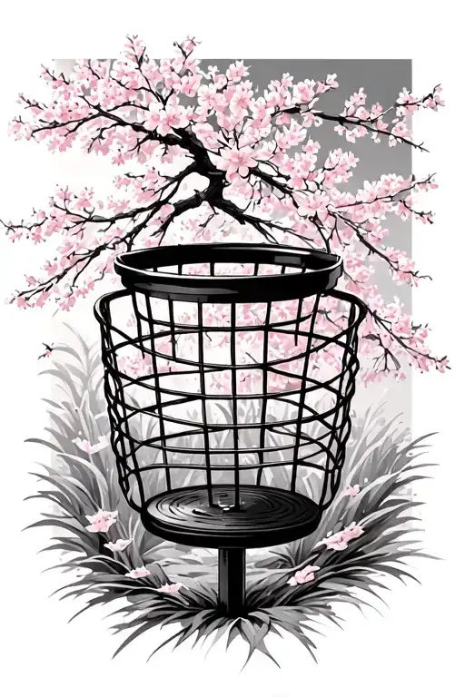 Disc golf basket in a Japanese cherry blossom garden tattoo design idea