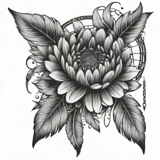gerbera flower intertwined with feathers falling and dream catcher tattoo design idea
