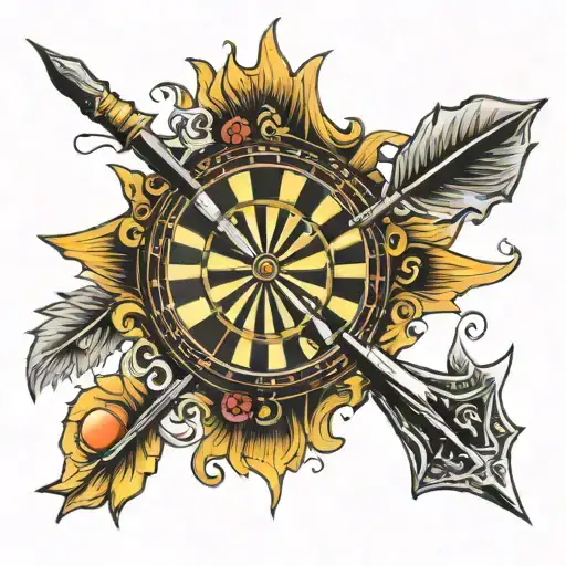not a darts board but actual darts and a sun tattoo design idea