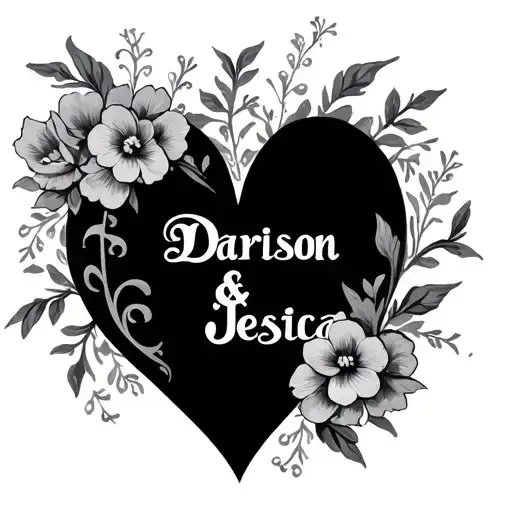 heart with flowers and other designs and says Darrison & Jessica inside the heart in old English  tattoo design idea