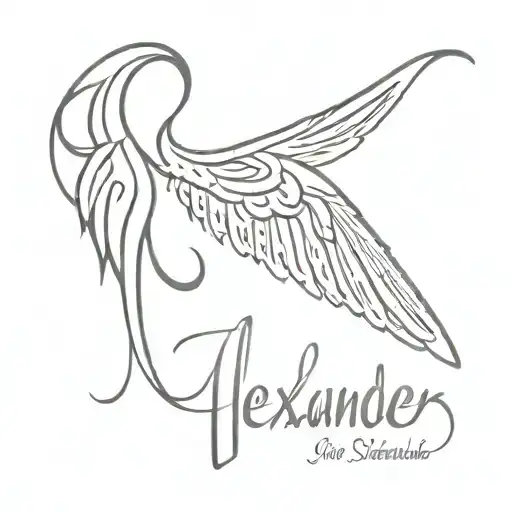 the name Alexander in script with memorial wings behind it tattoo design idea
