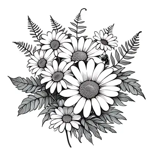 Fine line tattoo with hydragneas, daisies and fern leafs. A bee can be seen on one of the daisies. tattoo design idea