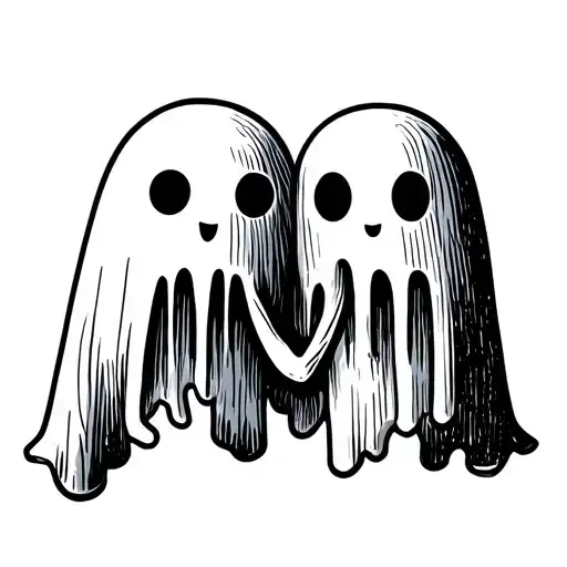 Two cute minimalist ghosts, inspired by the reference image, placed side by side, holding hands or standing very close t tattoo design idea