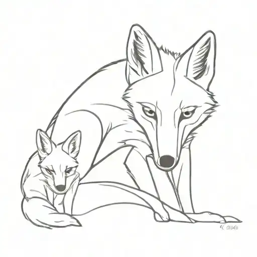 Renard avec 2 petits cachés derrière sa queue tattoo design idea