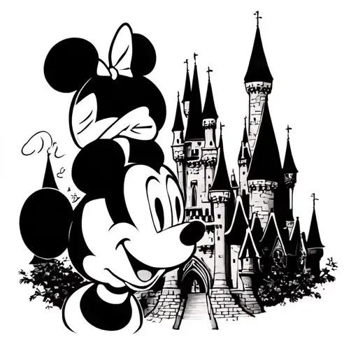 Disney castle outline with Mickey and Minnie head  tattoo design idea