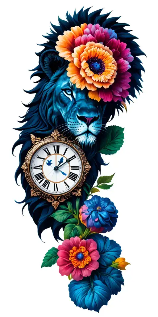 flowers and lion head and clock face tattoo design idea