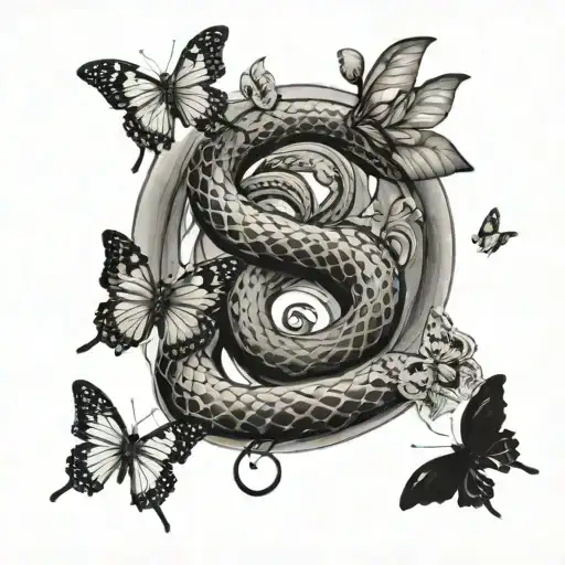 small snake surrounded by five butterflies  tattoo design idea