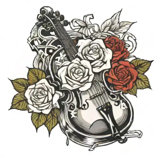 A fiddle with WW2 dog tags hanging from it on top of Lillie’s of the valley and red roses tattoo design idea