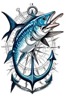 blue marlin, compass, anchor  tattoo design idea