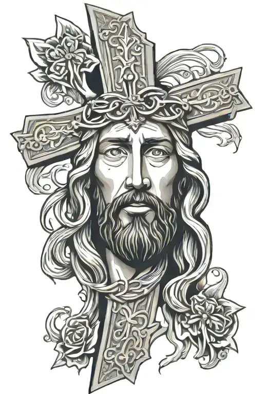 cross with the face of Jesus Christ inside  tattoo design idea