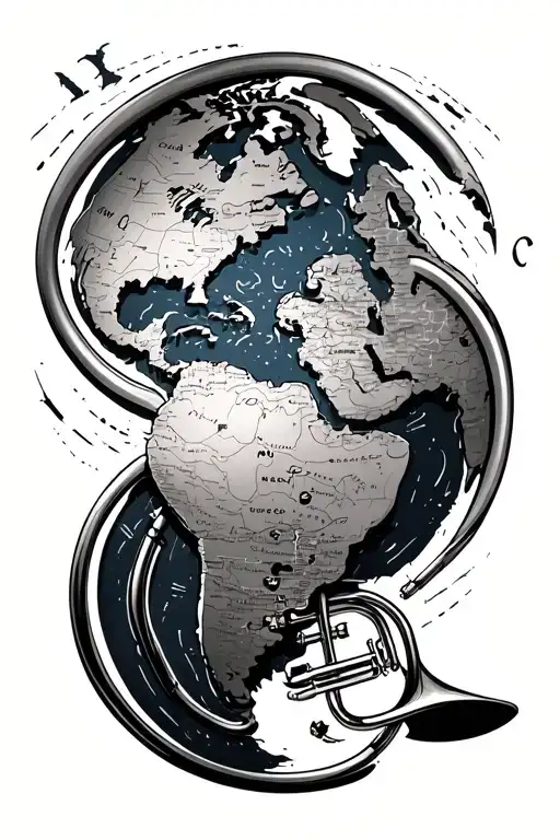 trombone world map inside tattoo design idea
