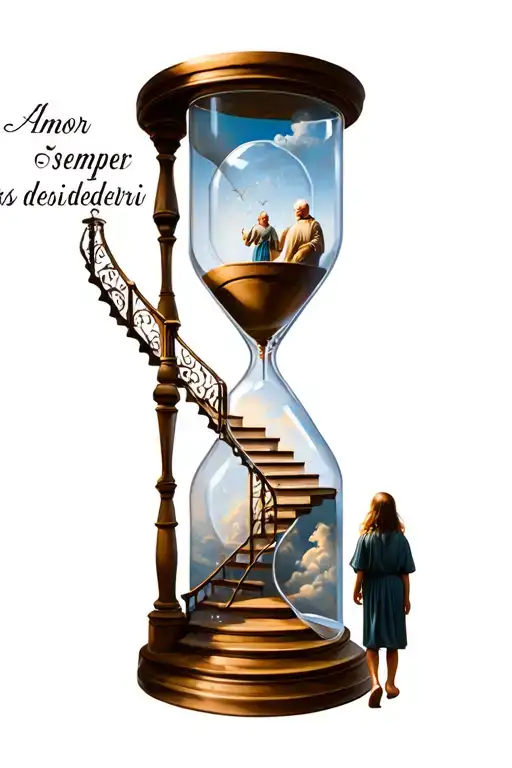 "amor patris semper desiderari" "amor patris semper desiderari" hourglass with stairway to heaven and an old man walking up and a little girl reaching out at the bottom tattoo design idea