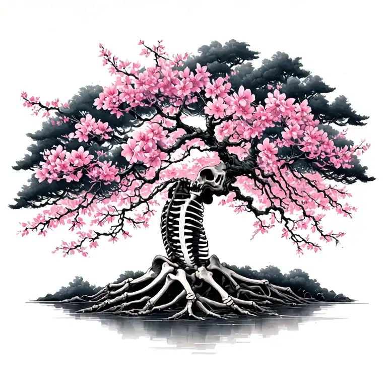 japanise cherry blossom skeleton tree intertwined vines tattoo design idea