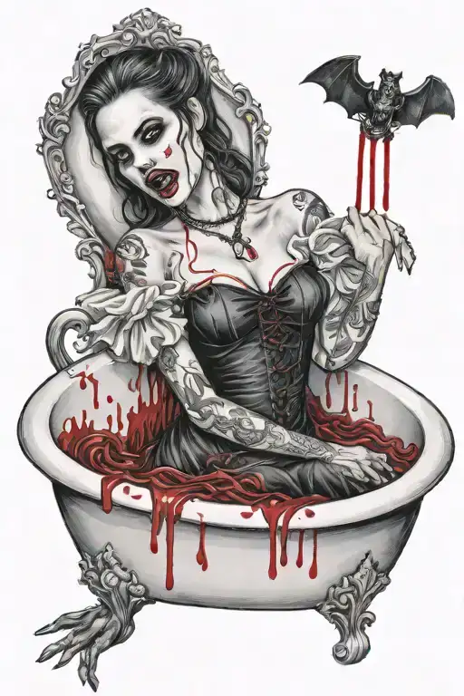 Female vampire in bloody gothic bathtub realistic tattoo design idea