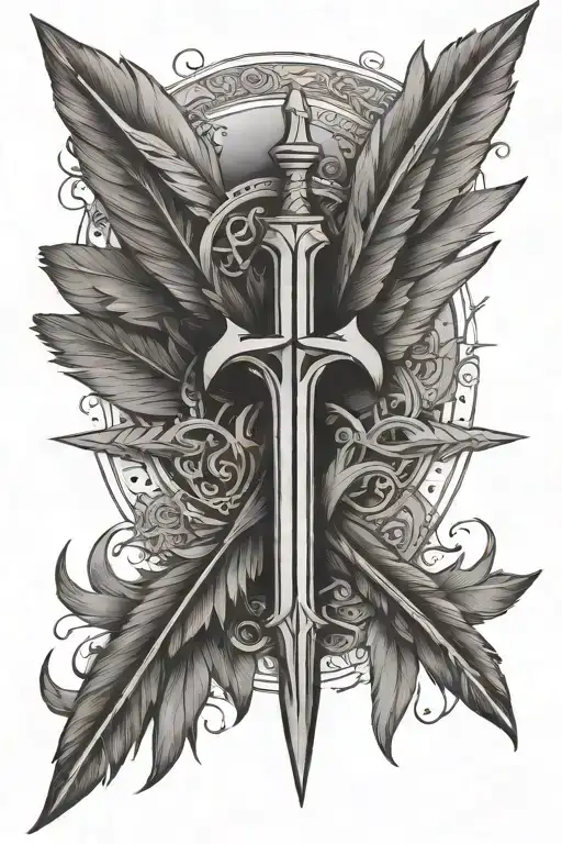 an arrow with the feathers as wings of angel, with the symbols intertwined around the arrow that mean faith & strength tattoo design idea