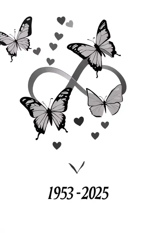 "1953 - 2025" "1953-2025" infinity symbol 2 butterflies with 7 small butterfly or hearts tattoo design idea