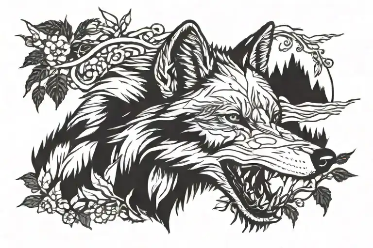 nature and wolf head tattoo design idea