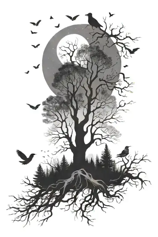 dark northern lights going into sunset, birds, surrounding trees with roots and bugs tattoo design idea