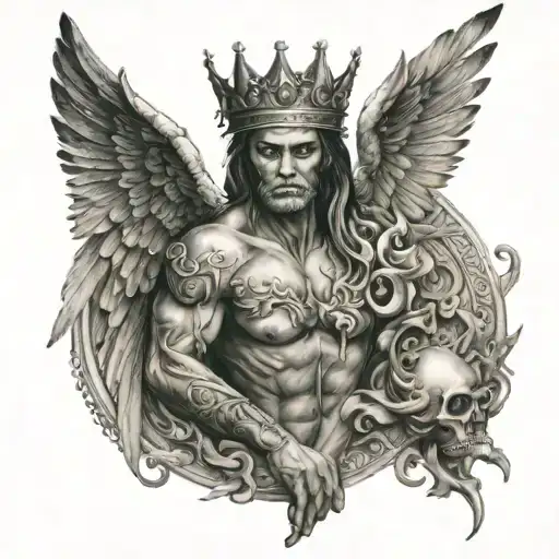 half devil half angel with wings and crown made tattoo design idea