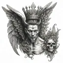 half devil half angel with wings and crown made tattoo design idea