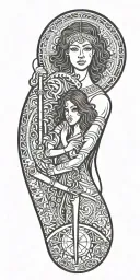 Libra and young woman with  young girl who takes knife behind and smile tattoo design idea