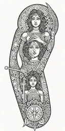 Libra and young woman with  young girl who takes knife behind and smile tattoo design idea