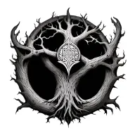 Yggdrasil world tree with helm of awe incorporated into the trunk bark tattoo design idea