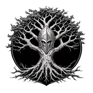 Yggdrasil world tree with helm of awe incorporated into the trunk bark tattoo design idea