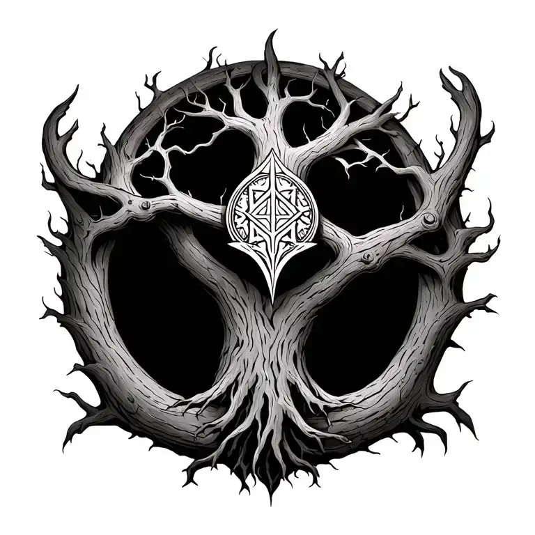 Yggdrasil world tree with helm of awe incorporated into the trunk bark tattoo design idea
