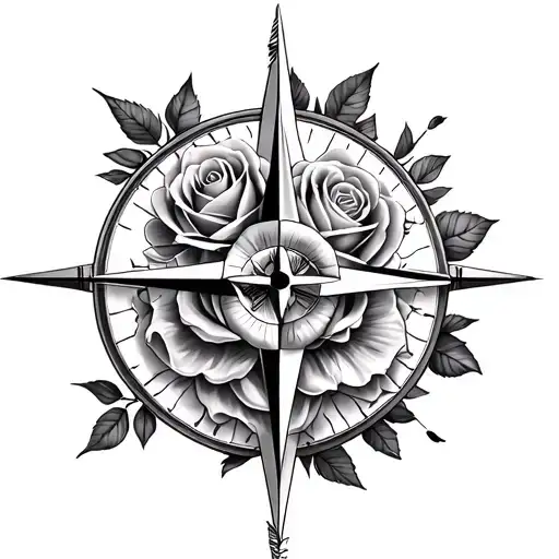 3d compass,  roses pattern, tattoo design idea