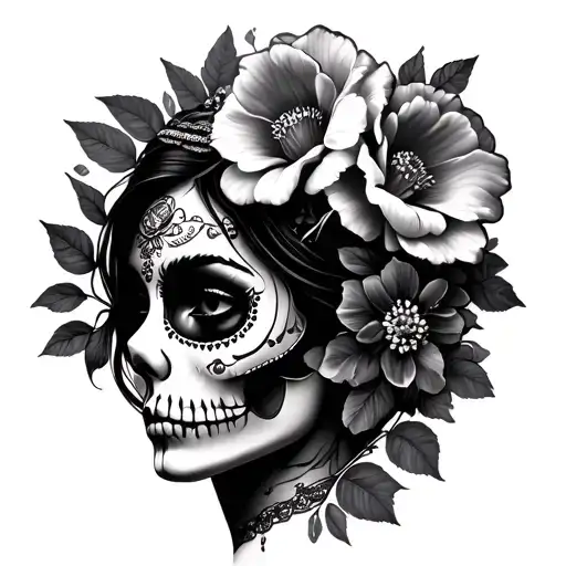 Mexican Catrina, realism, flowers blooming tattoo design idea
