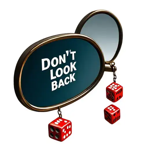 rear view mirror with words "don't look back" in it with dice hanging from mirror tattoo design idea